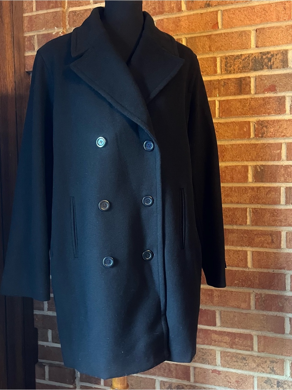harvé benard Women 14 Black 100% Wool Coat Mid-Length Double Breasted Button Up